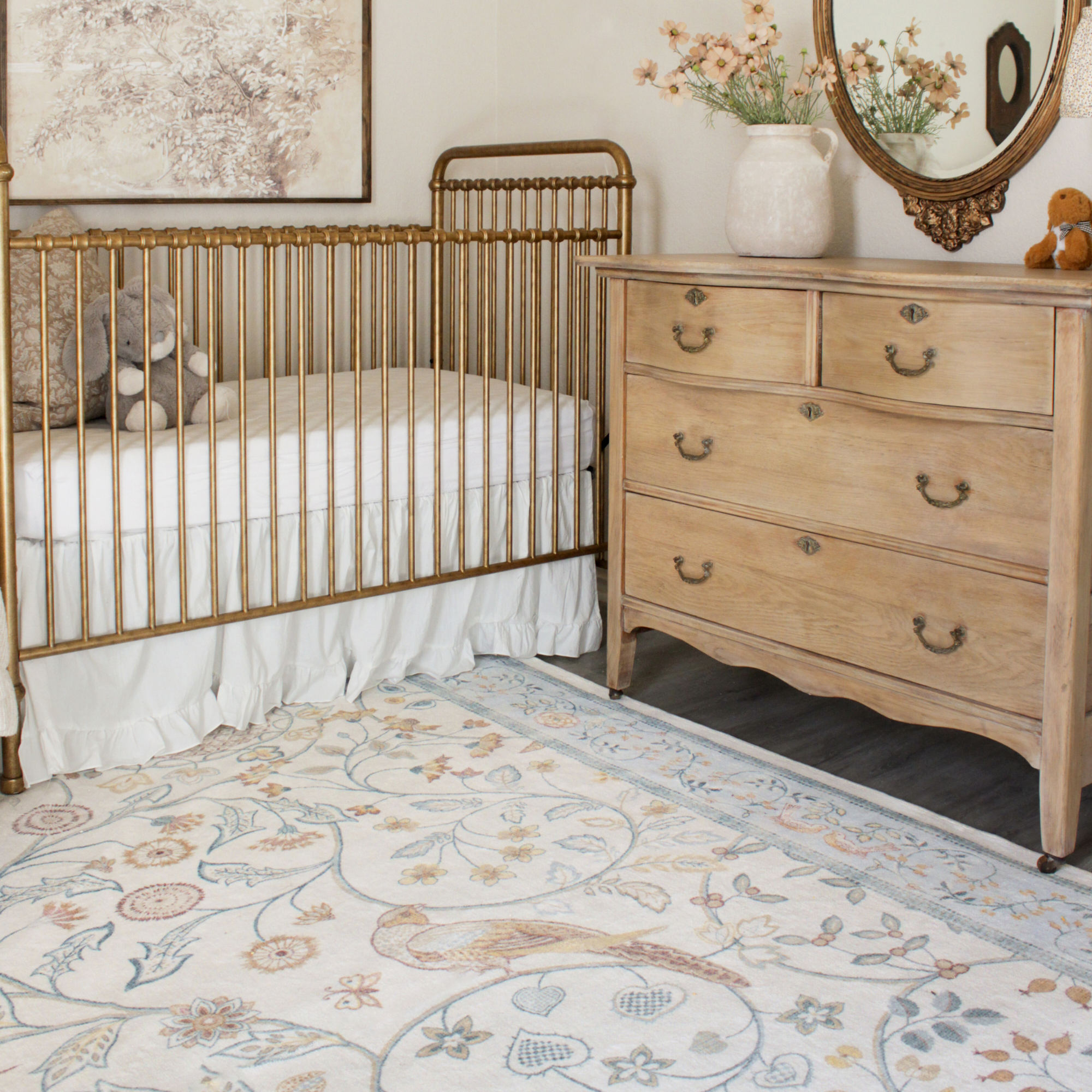 a kids nursery with morris & co rug on floor