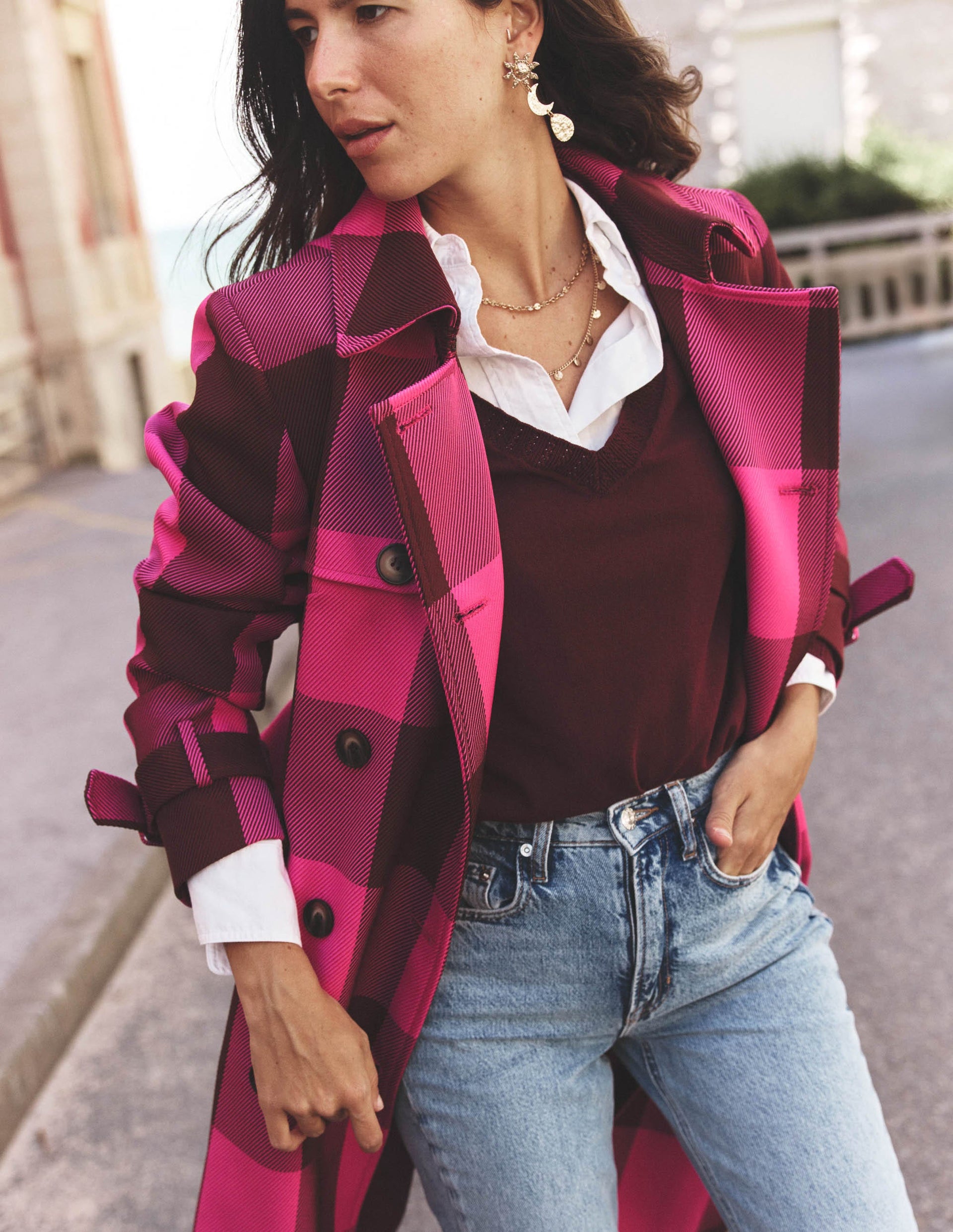 Cheltenham Trench Coat-Pink Peony, Chestnut Gingham