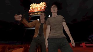 Two Phasmophobia players standing outside of the Nell's Diner map sign as it glows in the dark