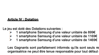 A screenshot of a French language competition terms and conditions document listing prices for unknown Samsung phones