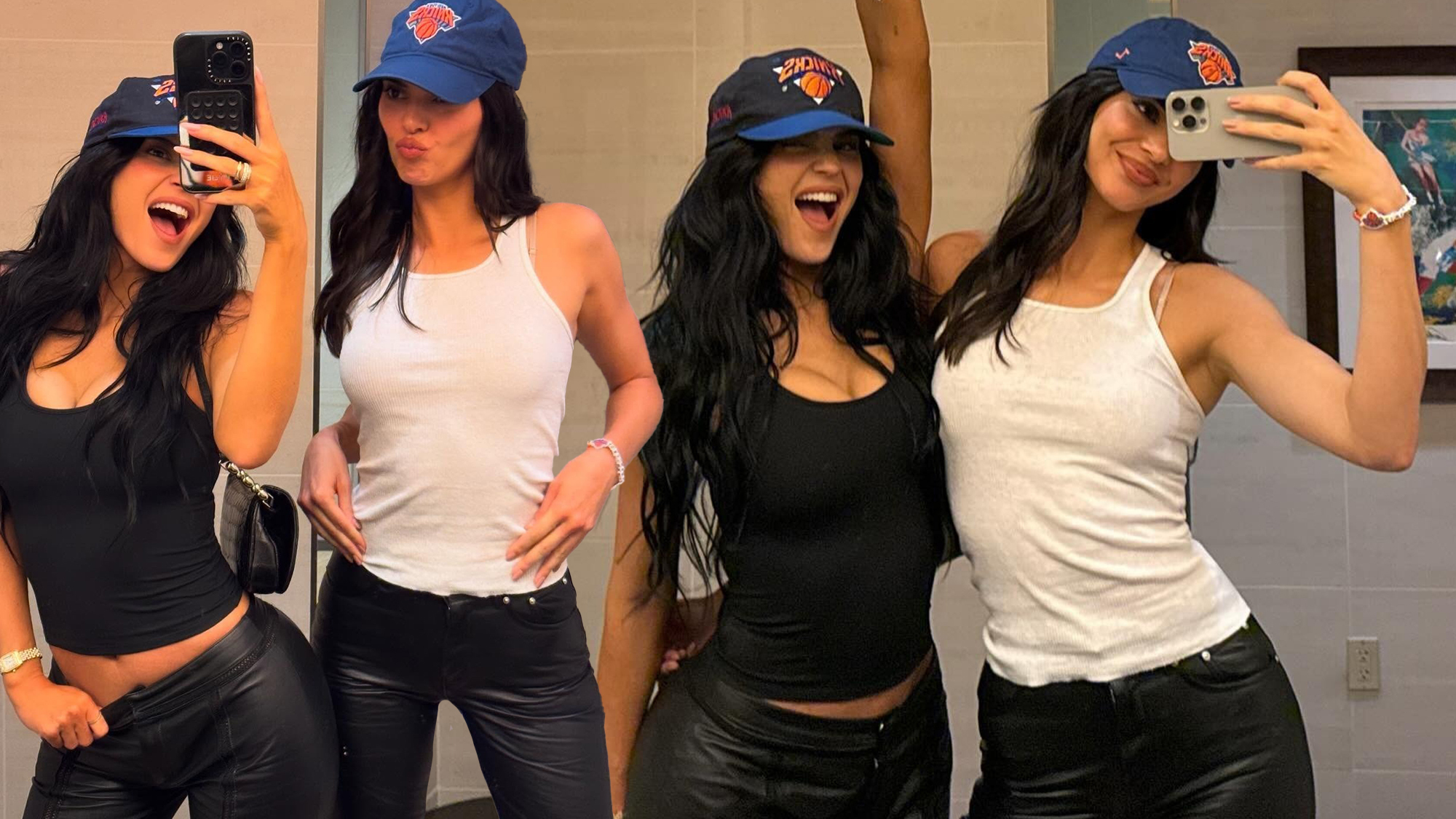 Kylie Jenner wears a black tank and leather pants. Kendall Jenner wears a white Hanes tank top, Knicks hat, and leather pants.