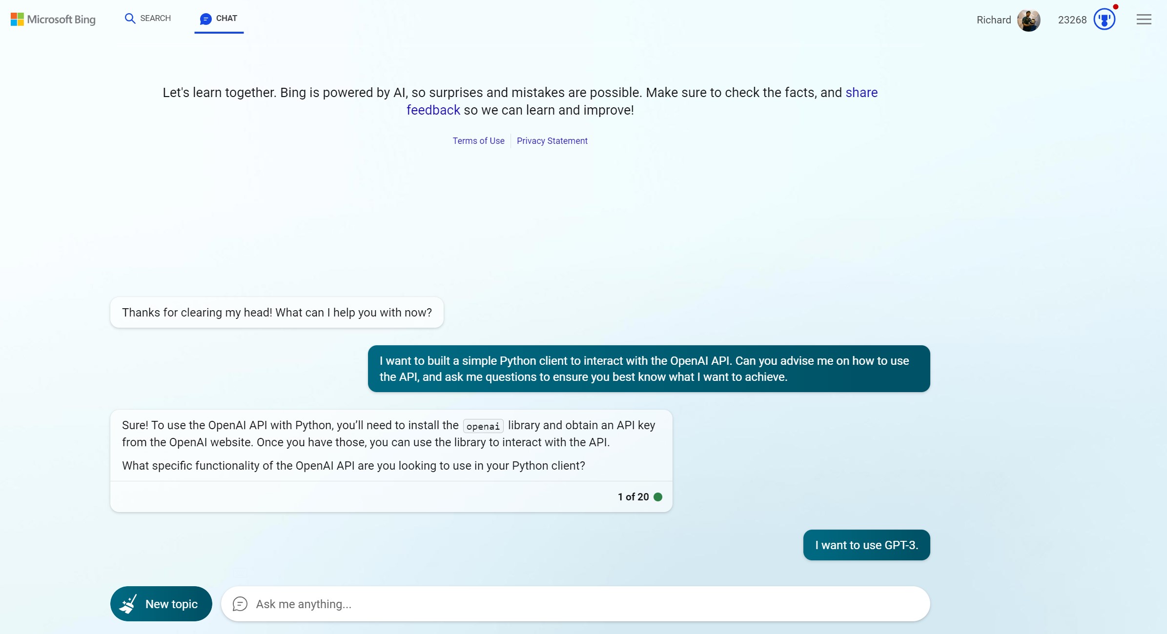 Bing Chat задает вопросы, чтобы лучше понять, чего вы хотите