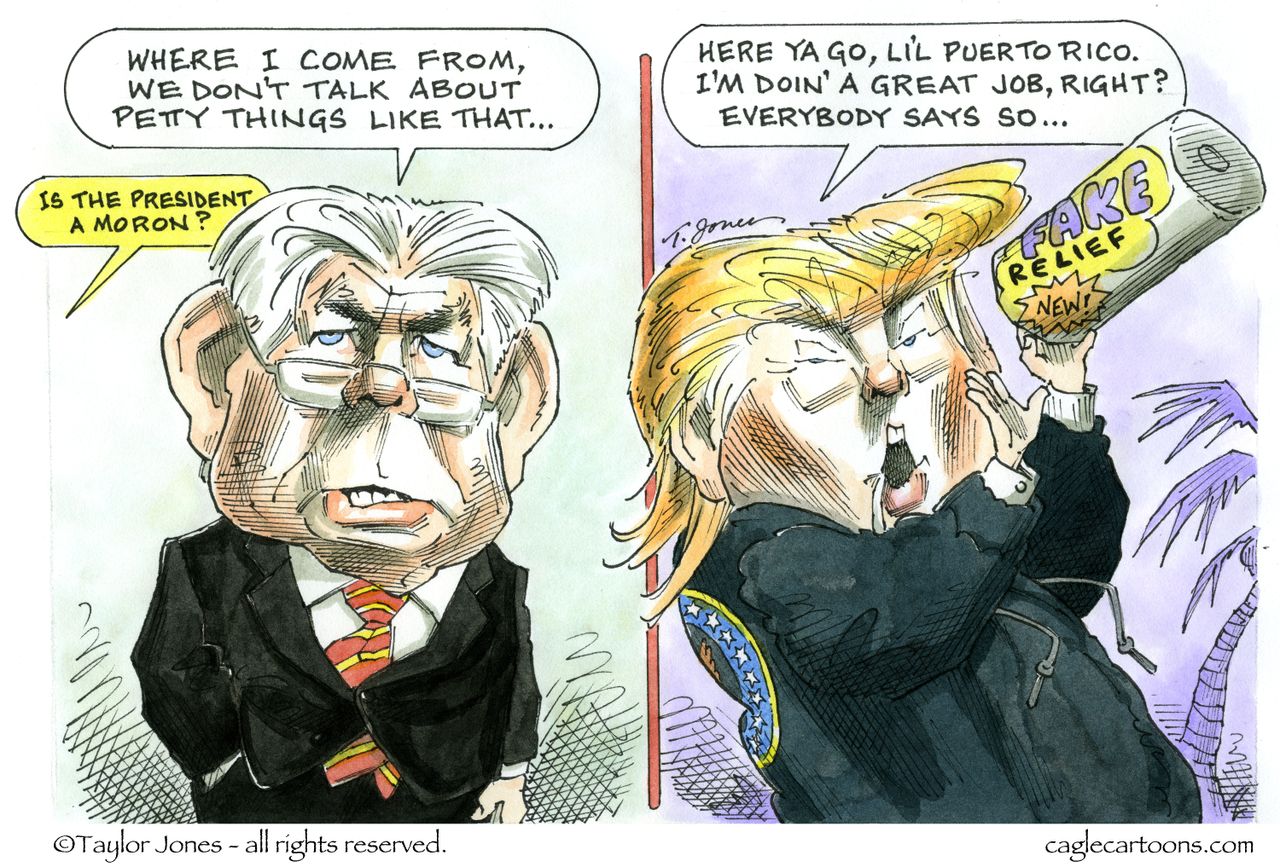 Political cartoon U.S. Rex Tillerson Trump Puerto Rico hurricane