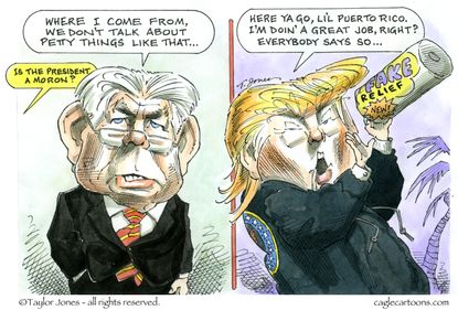 Political cartoon U.S. Rex Tillerson Trump Puerto Rico hurricane