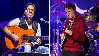 Left - Guitarist Al Di Meola performs on stage at The Magnolia on September 24, 2019 in El Cajon, California;Right - Guitarist Matteo Mancuso performs onstage during the Give Back Through Music's Leslie West Tribute Concert at The Canyon Club on January 23, 2024 in Agoura Hills, California