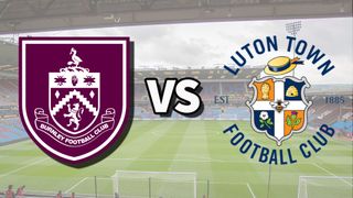 The Burnley and Luton Town club badges on top of a photo of Turf Moor stadium in Burnley, England