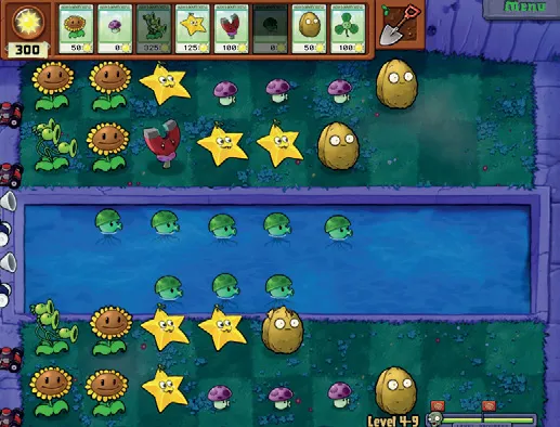 Plants vs. Zombies gameplay showing the grid-based defense strategy