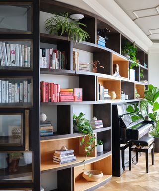 Bookcase styling with colorful books and plants