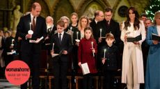  Prince William, Prince of Wales, Prince George, Princess Charlotte, Prince Louis and Catherine, Princess of Wales during the Royal Carols - Together At Christmas service at Westminster Abbey on December 8, 2023 in London, England. (Photo by Aaron Chown - WPA Pool/Getty Images)