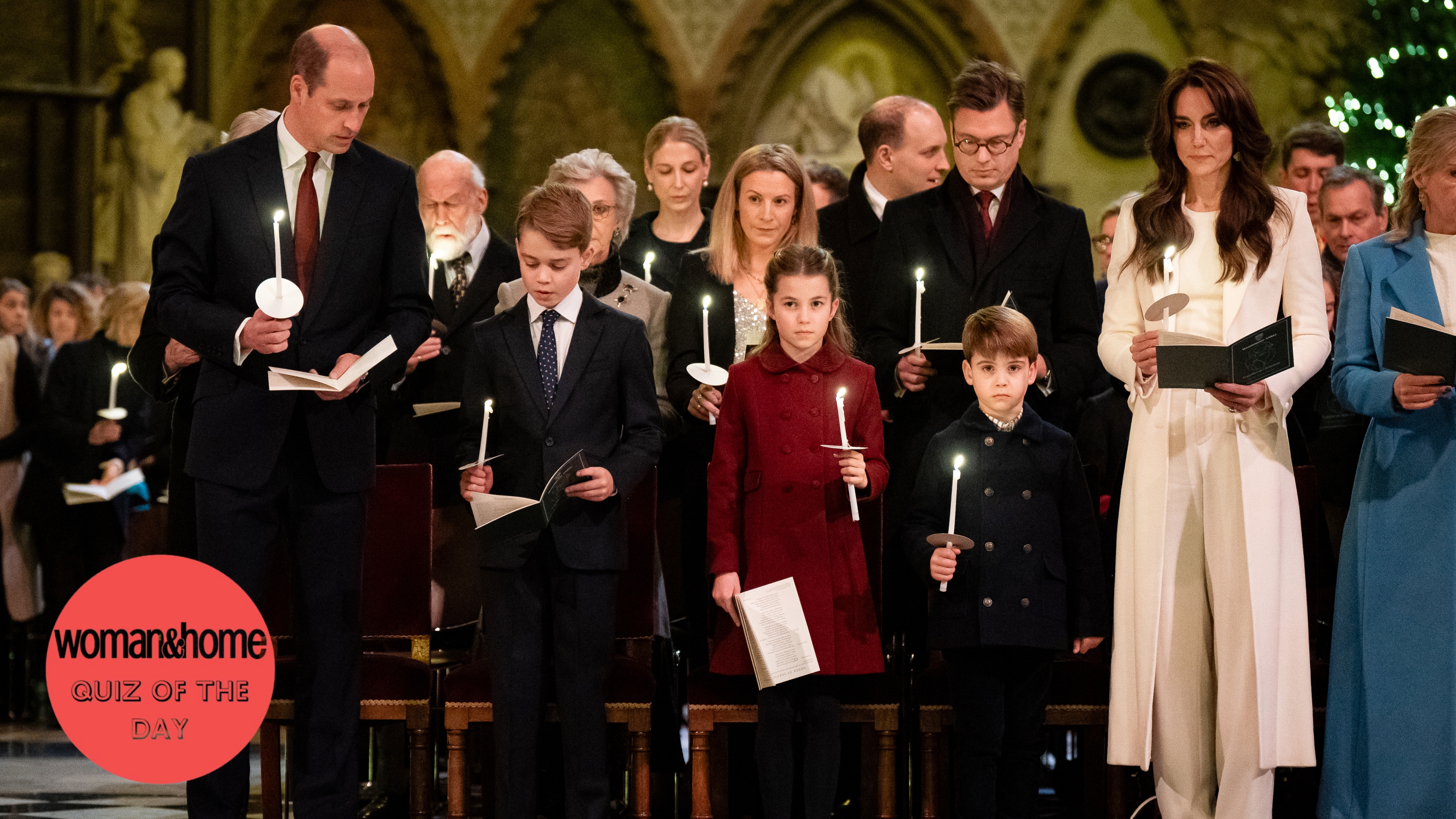  Prince William, Prince of Wales, Prince George, Princess Charlotte, Prince Louis and Catherine, Princess of Wales during the Royal Carols - Together At Christmas service at Westminster Abbey on December 8, 2023 in London, England. (Photo by Aaron Chown - WPA Pool/Getty Images)