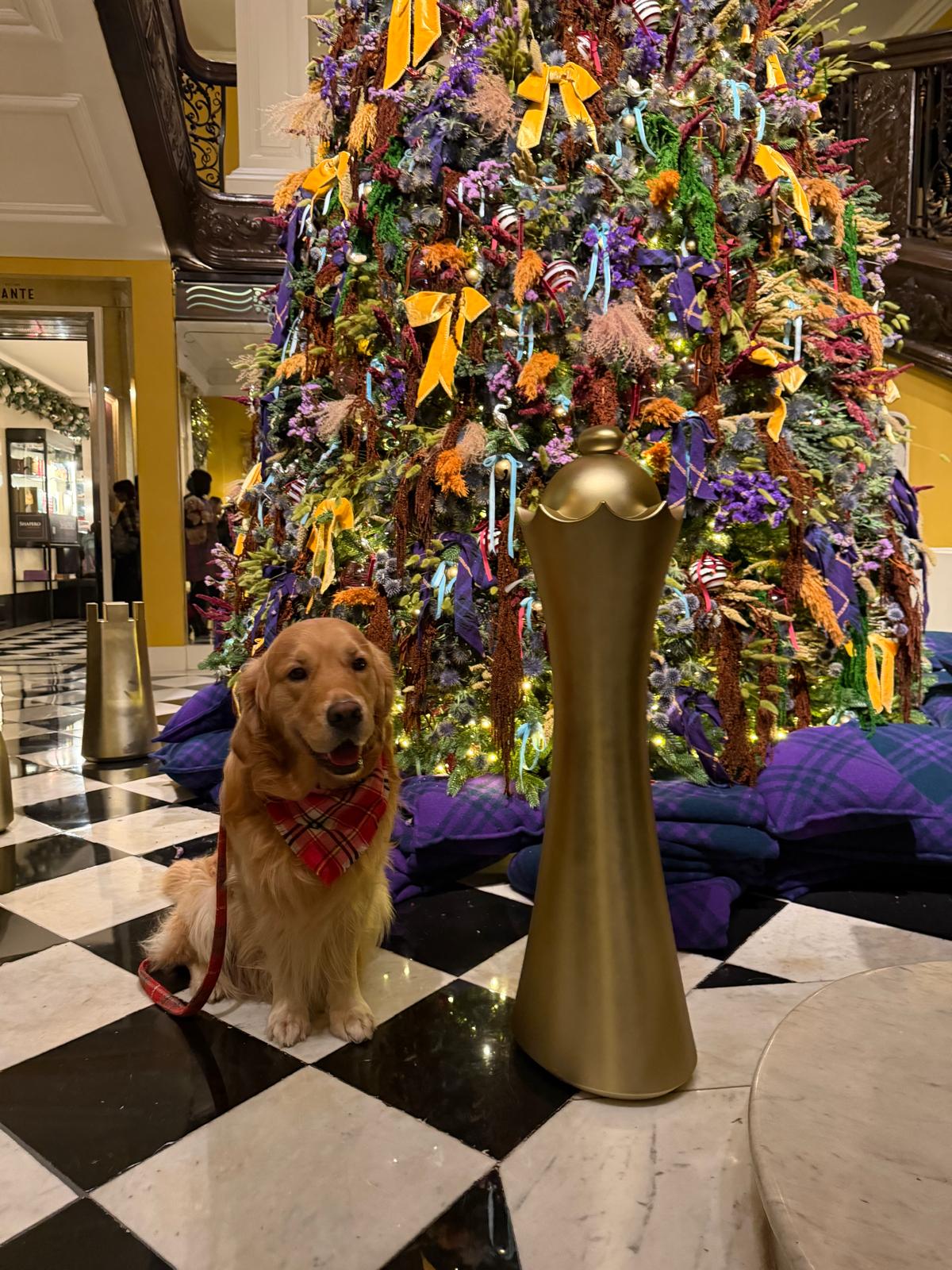 A golden retriever wearing a red tartan bandana sits on a black-and-white marble floor in front of a large, lavishly decorated Christmas tree filled with colourful ribbons and ornaments. Purple and blue blankets are arranged around the base of the tree, and elegant gold stanchions frame the scene inside an opulent, warmly lit interior.
