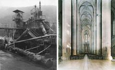 A pair of black and white photographs depicting an industrial structure and the inside of a chapel.
