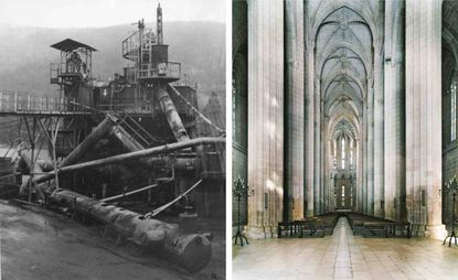 一组黑白照片，描绘了一座工业建筑和一座教堂的内部。