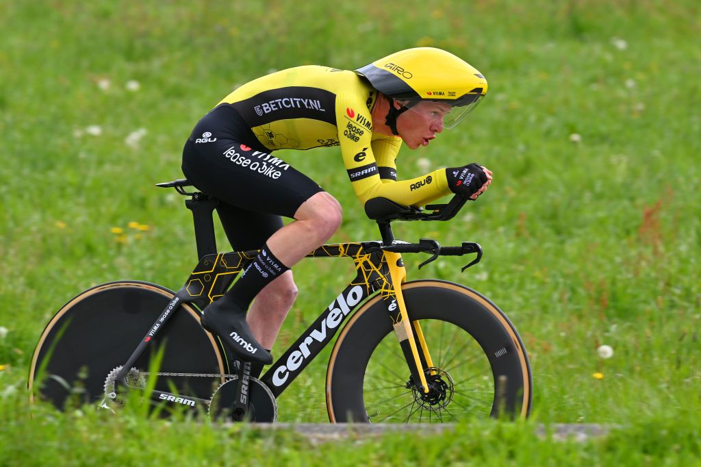 ORON SWITZERLAND APRIL 26 Johannes StauneMittet of Norway and Team Visma Lease a Bike sprints during the 77th Tour De Romandie 2024 Stage 3 a 155km individual time trial from Oron to Oron UCIWT on April 26 2024 in Oron Switzerland Photo by Luc ClaessenGetty Images