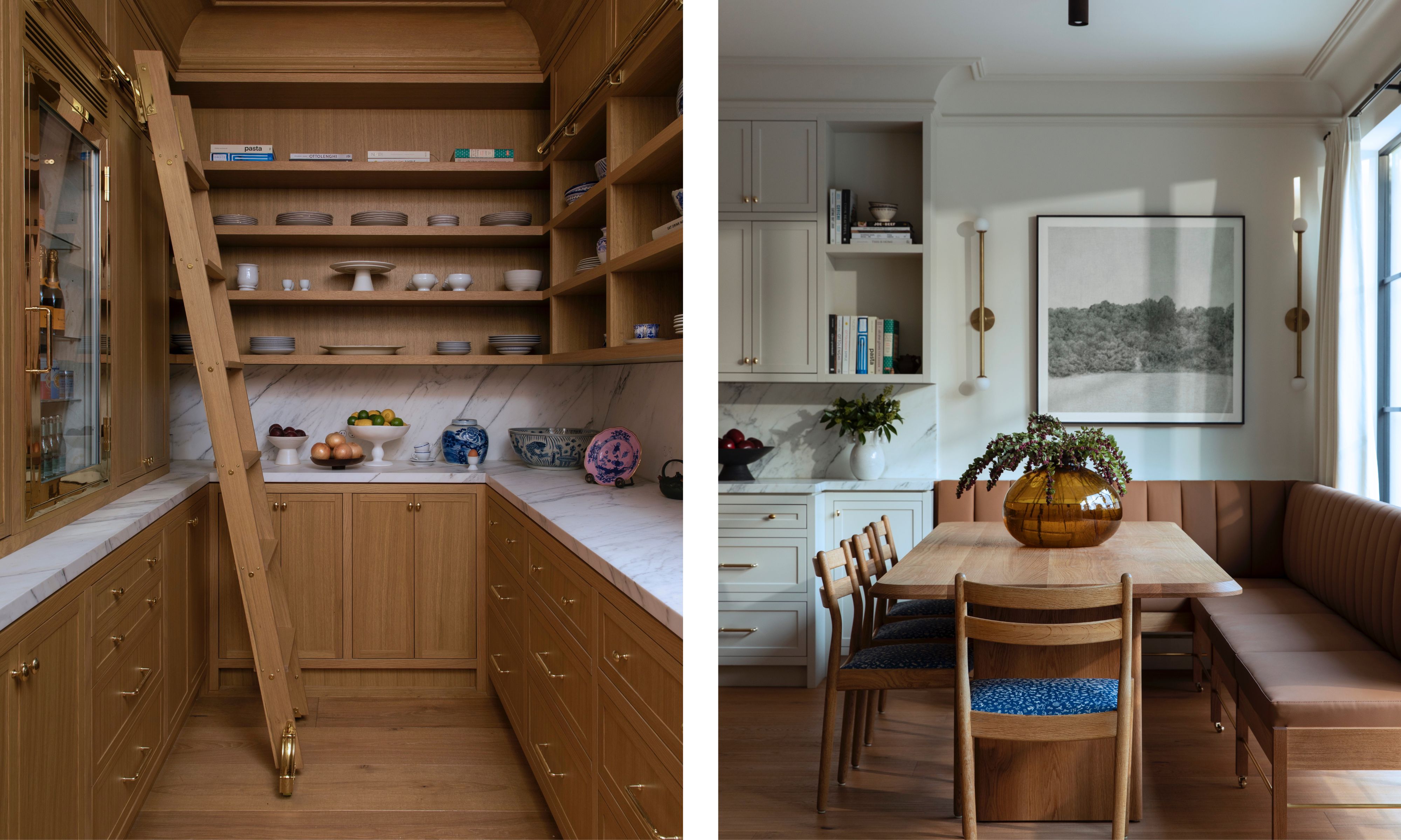 A split-view image of a luxury home interior. The left side shows a walk-in butler's pantry with floor-to-ceiling wood shelving, marble counters, and a rolling wooden library ladder. The right side features a cozy breakfast nook with a leather banquette, a wooden dining table, and built-in shelving against a neutral wall