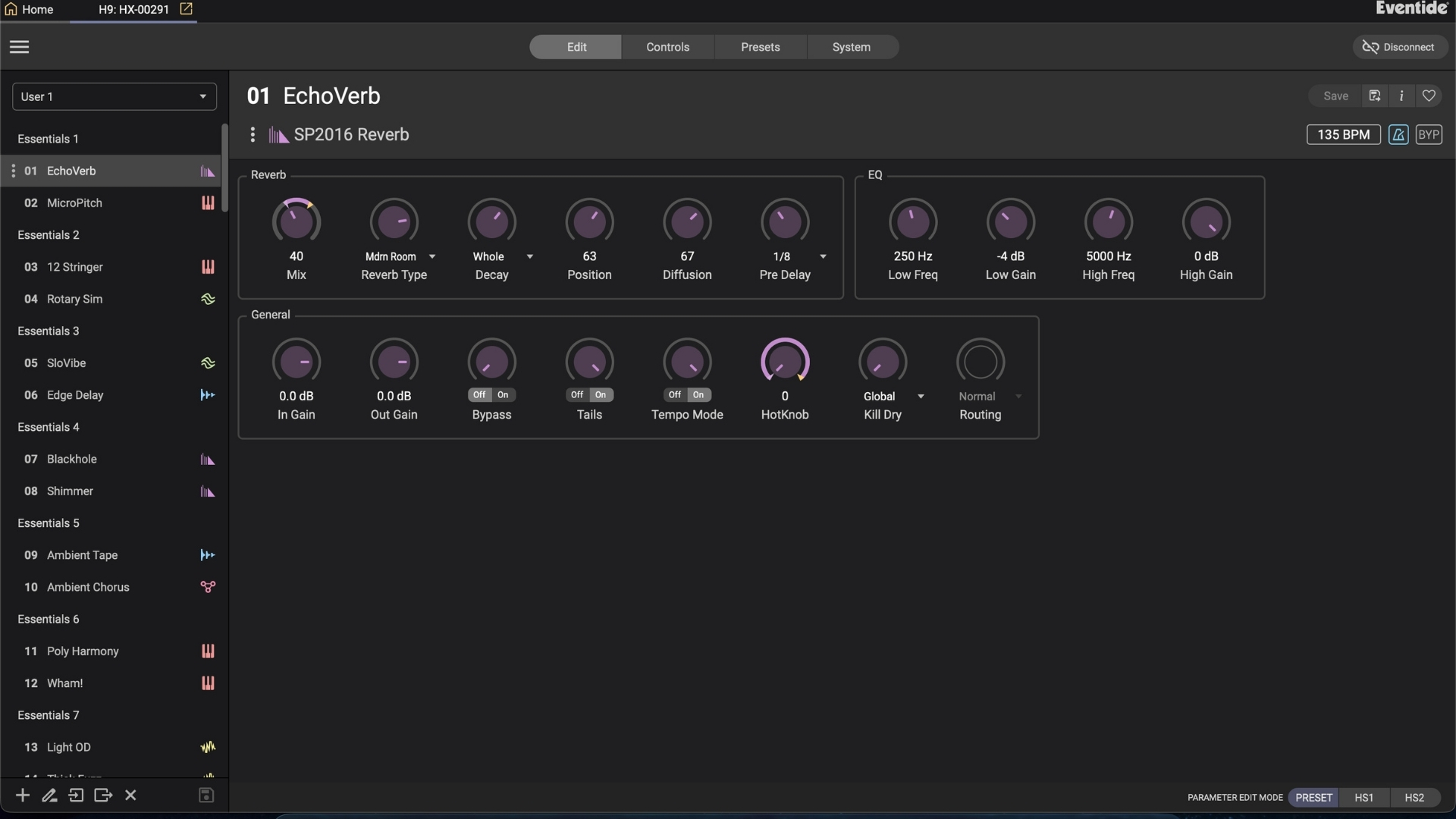 A screenshot of the Eventide Control companion app displaying adjustable settings from a preset