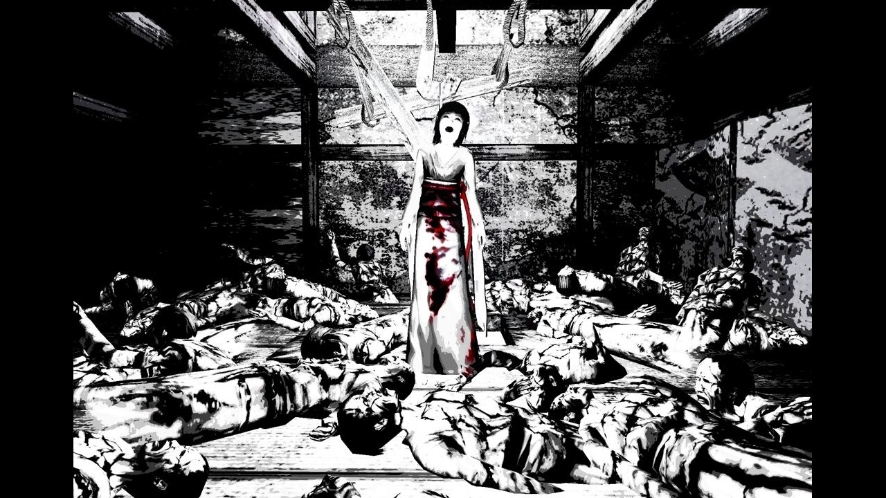 Sae screams in black and white surrounded by bodies in Fatal Frame 2: Crimson Butterfly
