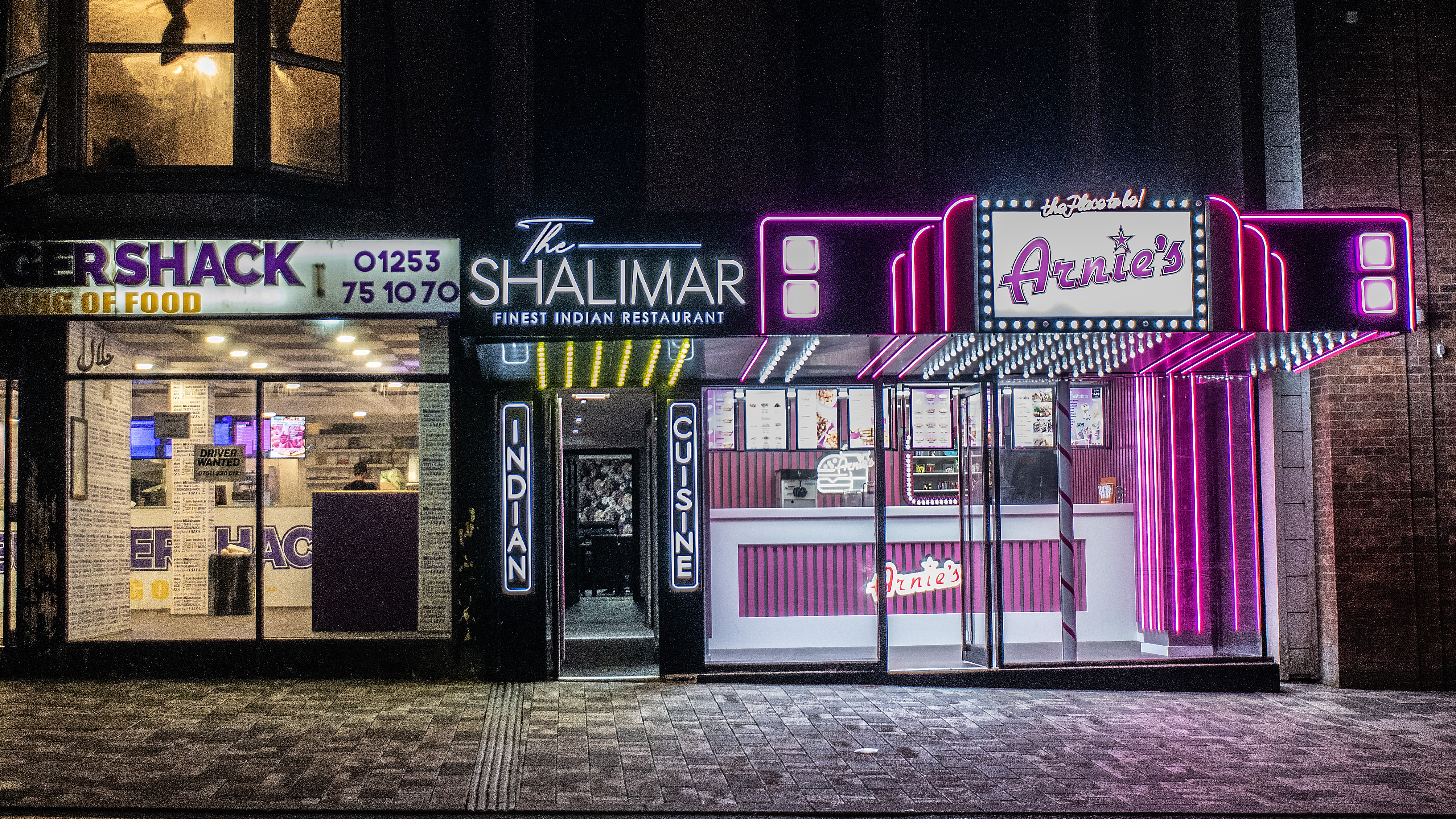 Look for nightclubs, pubs, illuminations, signs and attractions, all glowing in the dark.