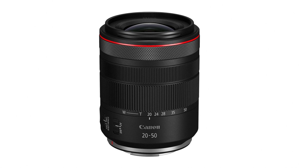 Canon RF 20-50mm f/4L IS USM PZ lens against a white background