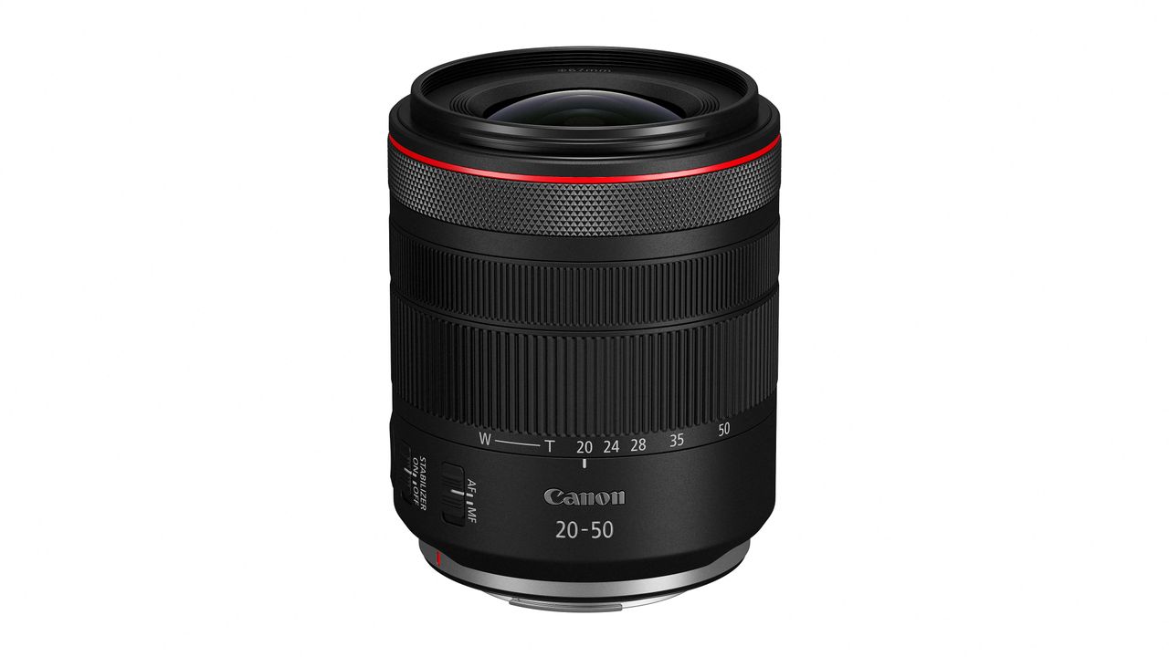 Canon RF 20-50mm f/4L IS USM PZ lens against a white background
