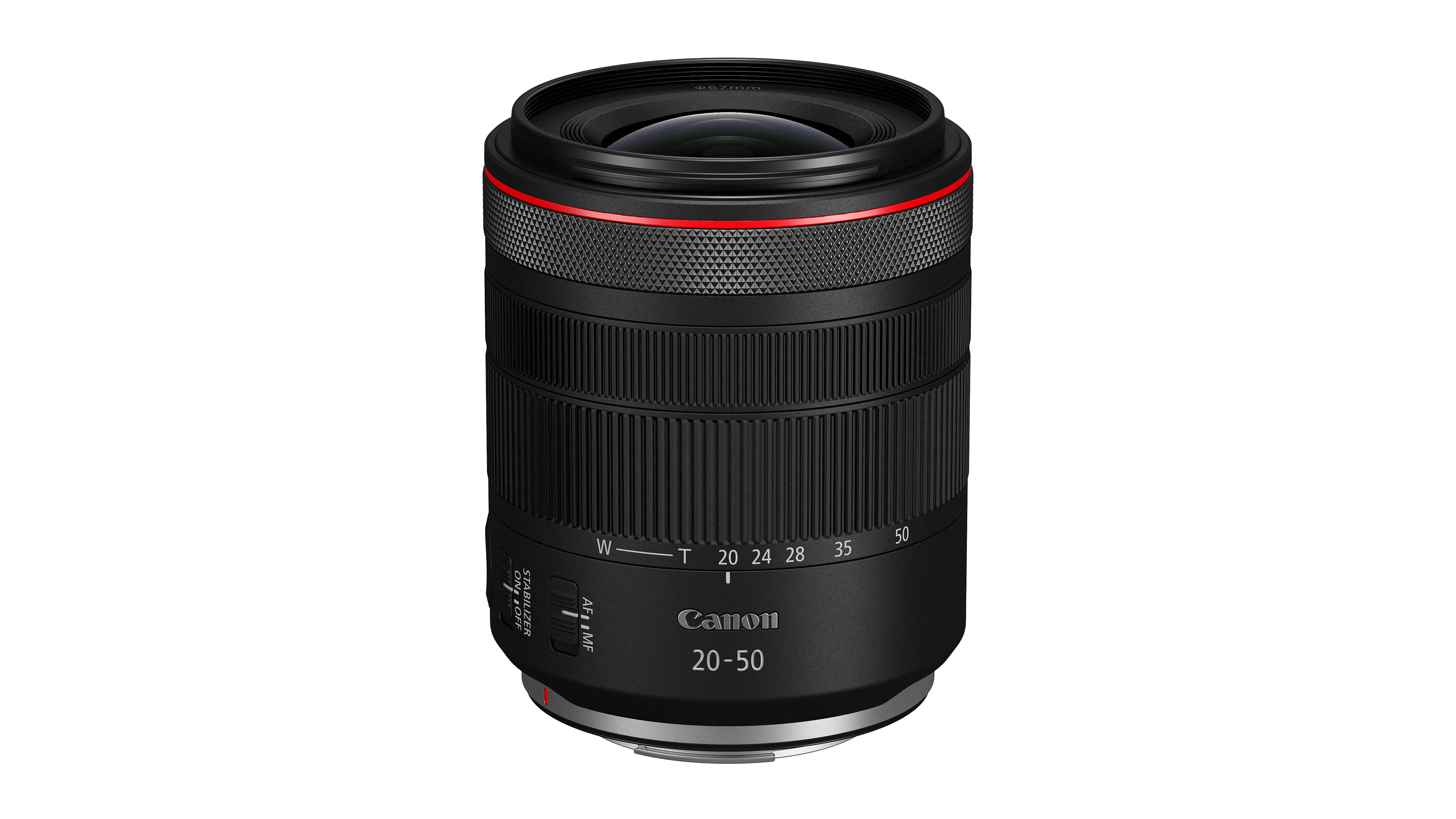 Canon RF 20-50mm f/4L IS USM PZ lens against a white background