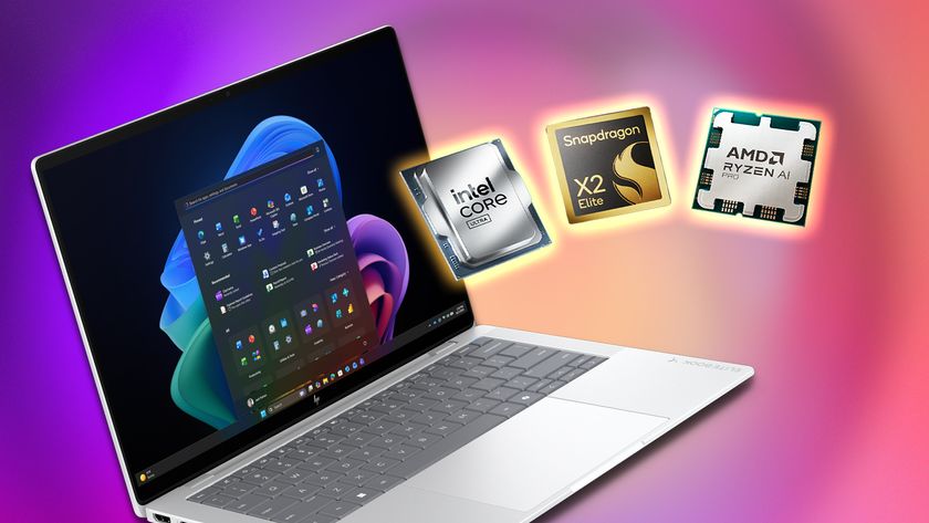 HP EliteBook X Series laptop with an Intel Core Ultra, Qualcomm Snapdragon X2 Elite, and AMD Ryzen AI Pro processor floating next to it. 