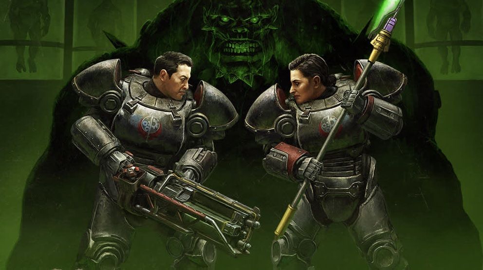 Fallout 76 update Steel Reign key art - two Brotherhood of steel members face off wearing power armor in front of a supermutant