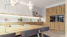 White Japandi kitchen with wooden cabinets and worktops with a matching wooden dining table in place of an island