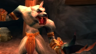 A worgen, a large, canine dog-man, looks very surprised in World of Warcraft Classic.