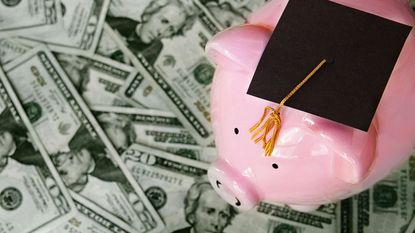 Pink piggy bank wearing college graduation cap sits atop scattered $20 bills