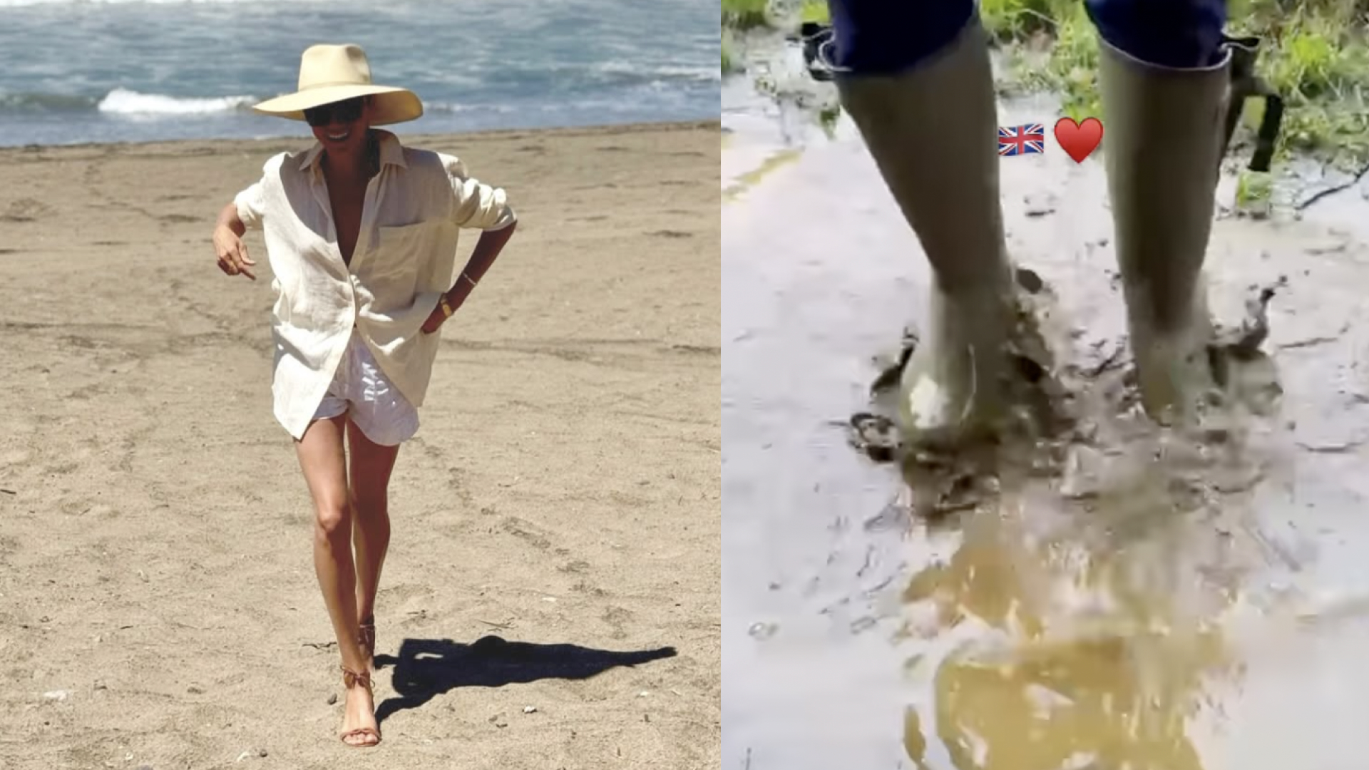 A split image of Meghan Markle at the beach and wearing wellies in a puddle