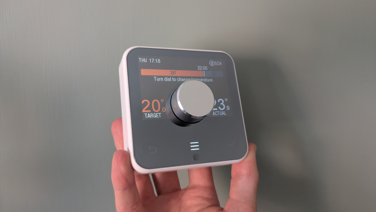 Close-up of the Hive Thermostat with temperatures shown on the display