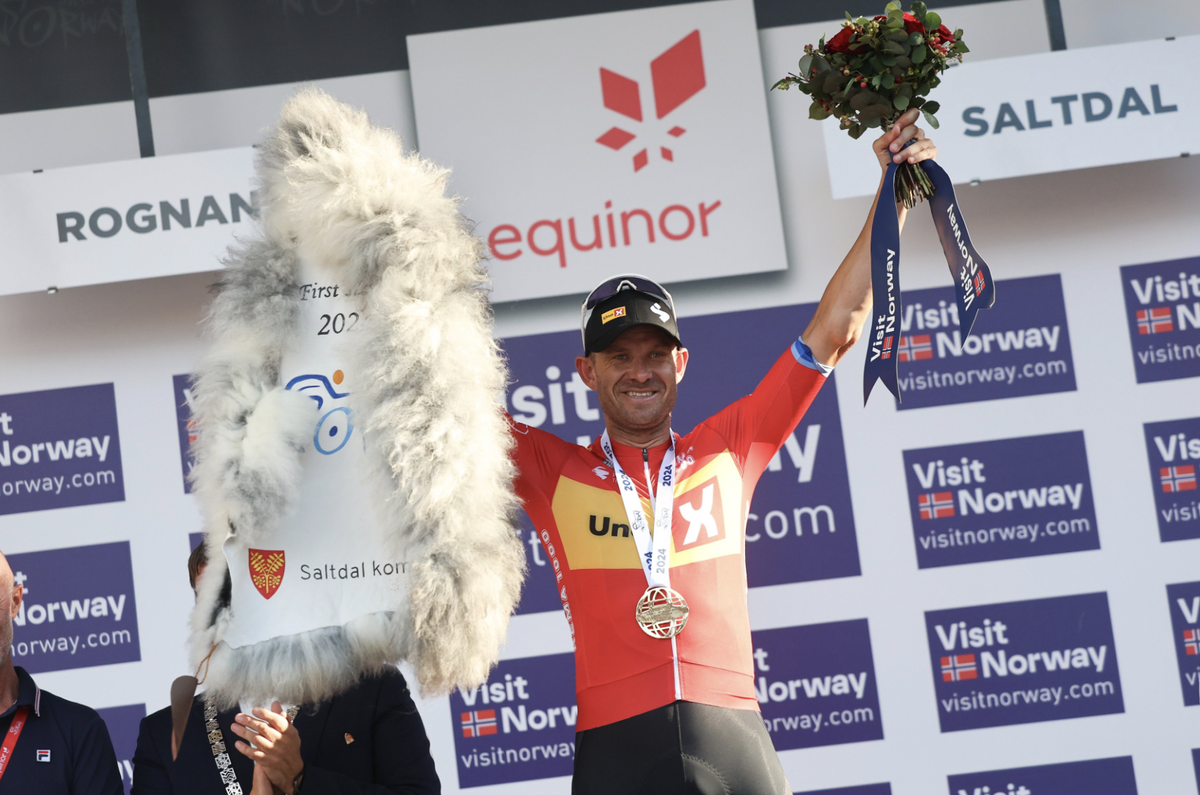 Alexander Kristoff (Uno X-Mobility) celebrates winning stage 1 of 2024 Arctic Race of Norway