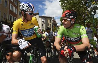 Bradley Wiggins (Sky) and Cadel Evans (BMC) chat as race and points leaders