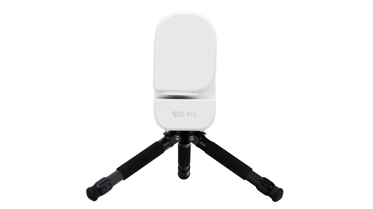 The ZWO Seestar S50 Pro smart telescope on a small black tripod, against a white background.