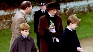 Prince Charles, Princess Diana and their sons, William and Harry, leave the church of St. Mary Magdalen near Sandringham House