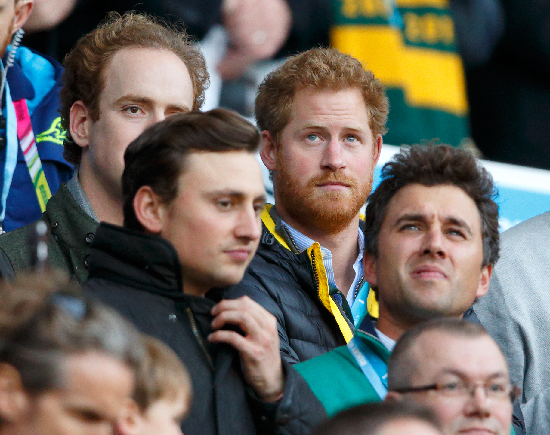 Charlie van Straubenzee, Prince Harry, and Thomas van Straubenzee attend the 2015 Rugby World Cup Semi Final match between Argentina and Australia at Twickenham Stadium on October 25, 2015