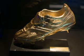 One of the European Golden Shoe awards awarded to Lionel Messi on display at the FC Barcelona museum