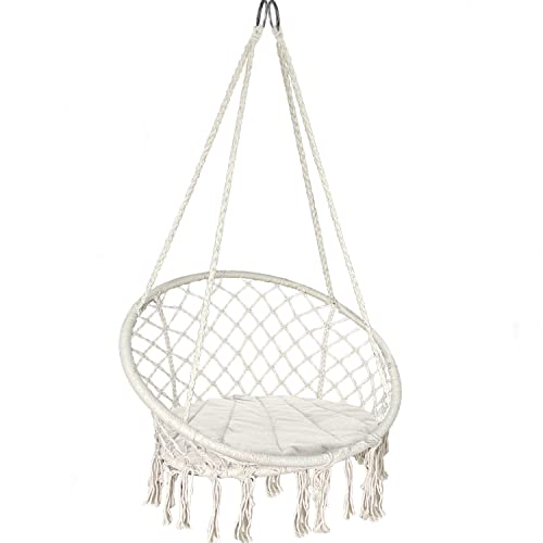 Vounot Swing Chair With Round Seat Cushion, Macrame Hammock Hanging Chair for Indoor, Outdoor, Beige