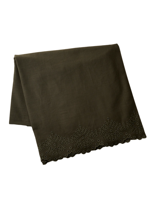 Olive Green Scalloped Eyelet Tablecloth