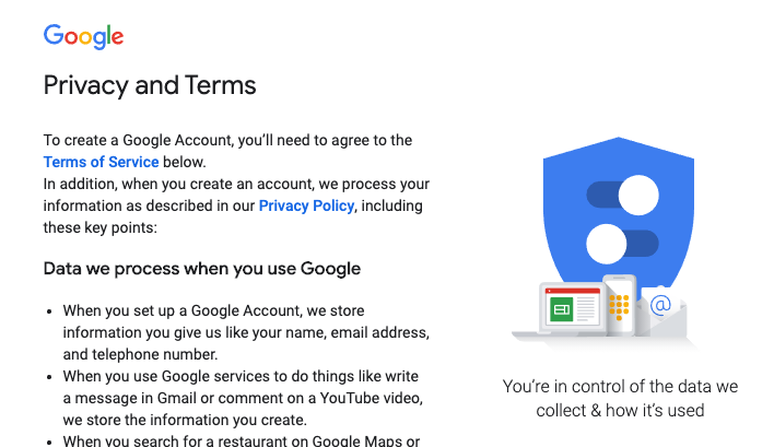 How to create a Gmail account - privacy and terms