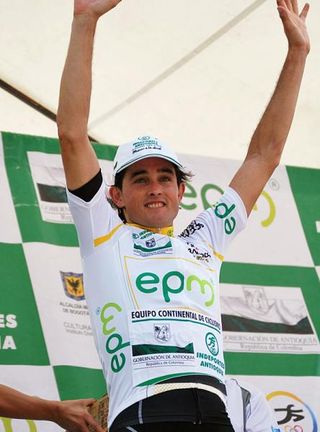 Stage nine winner Oscar Sevilla on the podium.