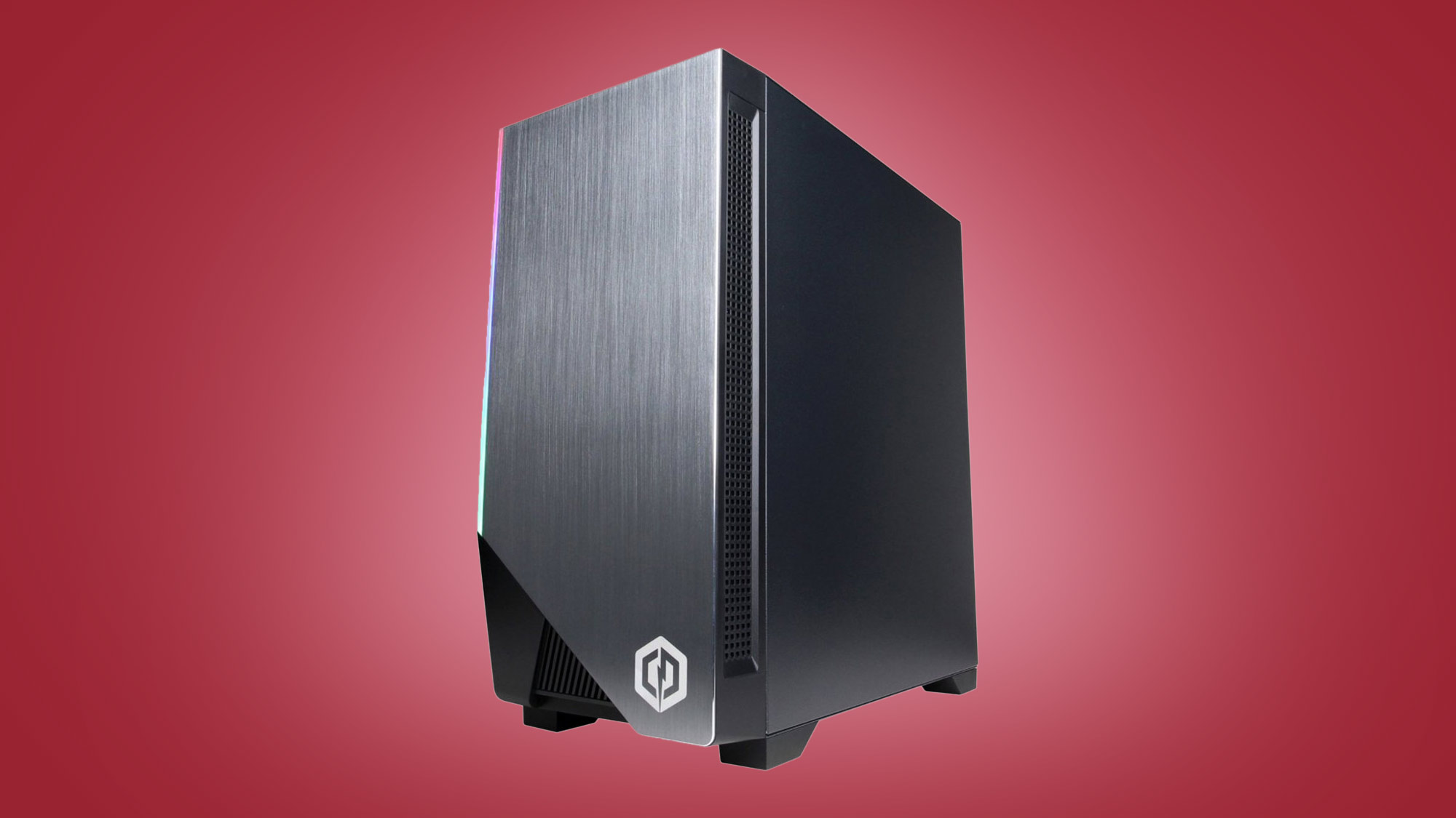 A CyberPower pre-built PC on a red background.