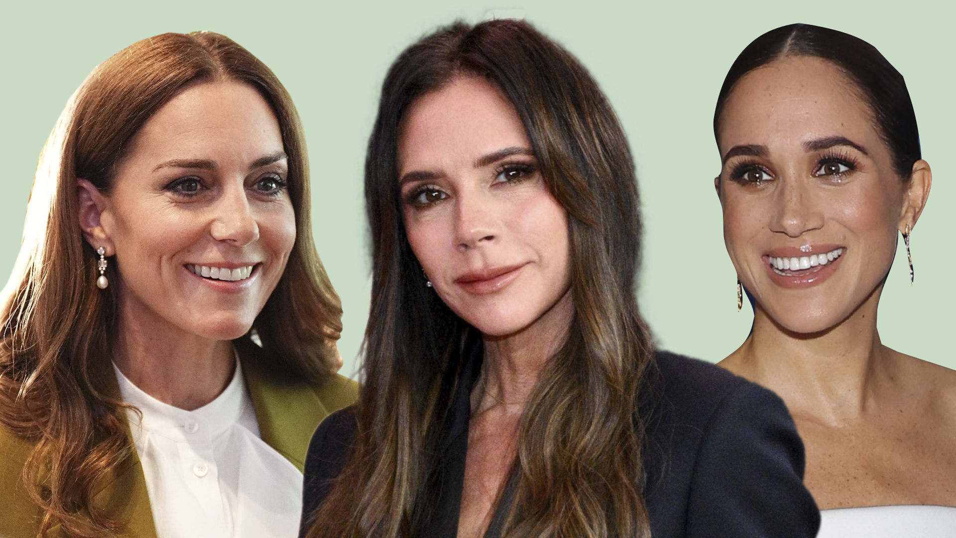 Composite of a picture of Kate Middleton wearing a Victoria Beckham suit, a picture of Victoria Beckham herself and a picture of Meghan Markle 