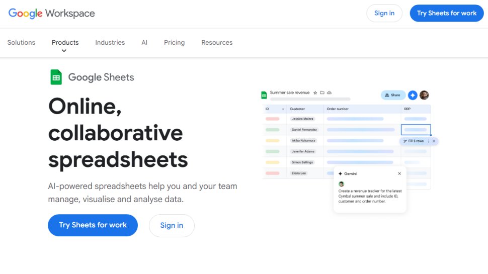 Website screenshot of Google Sheets (February, 2026)