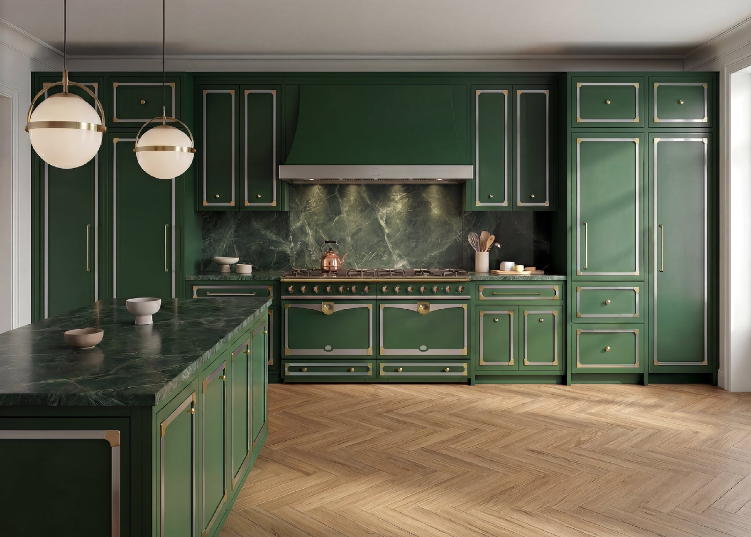 Deep green kitchen cabinetry with brass and stainless-steel trim, green stone worktops and splashback, and parquet flooring.
