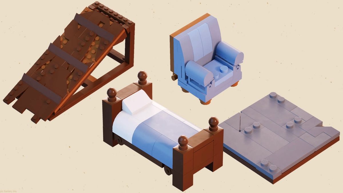 Lego Fortnite furniture including stairs, a bed and an armchair