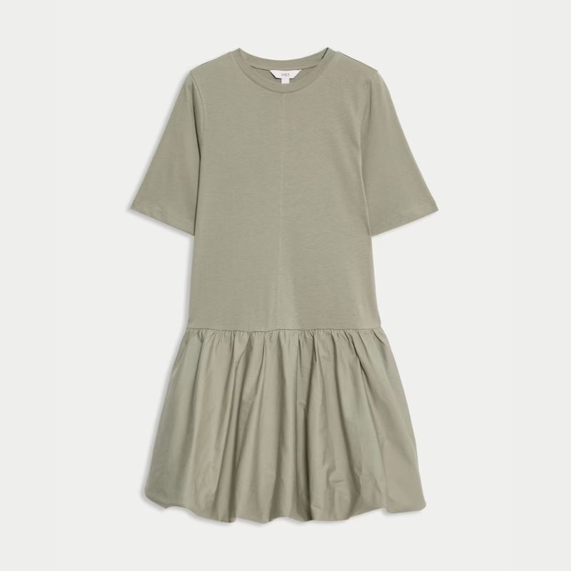 A cutout of a khaki M&S bubble hem mini dress