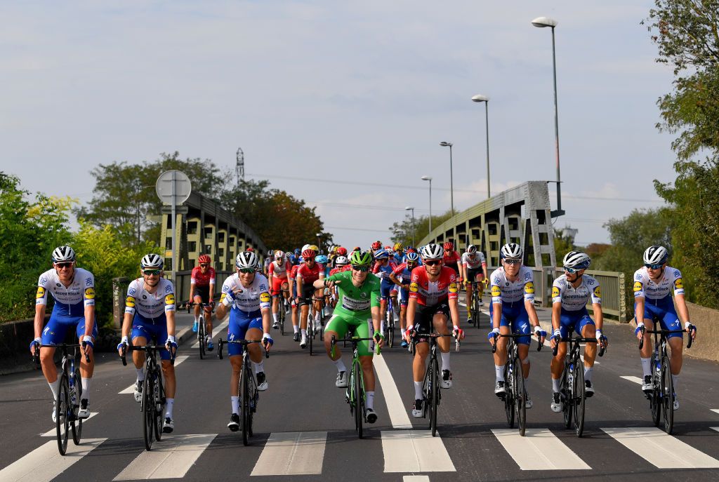 PARIS FRANCE SEPTEMBER 20 Julian Alaphilippe of France Kasper Asgreen of Denmark Sam Bennett of Ireland Green Points Jersey Remi Cavagna of France Tim Declercq of Belgium Dries Devenyns of Belgium Bob Jungels of Luxembourg Michael Morkov of Denmark and Team Deceuninck QuickStep during the 107th Tour de France 2020 Stage 21 a 122km stage from MantesLaJolie to Paris Champslyses TDF2020 LeTour on September 20 2020 in Paris France Photo by Tim de WaeleGetty Images