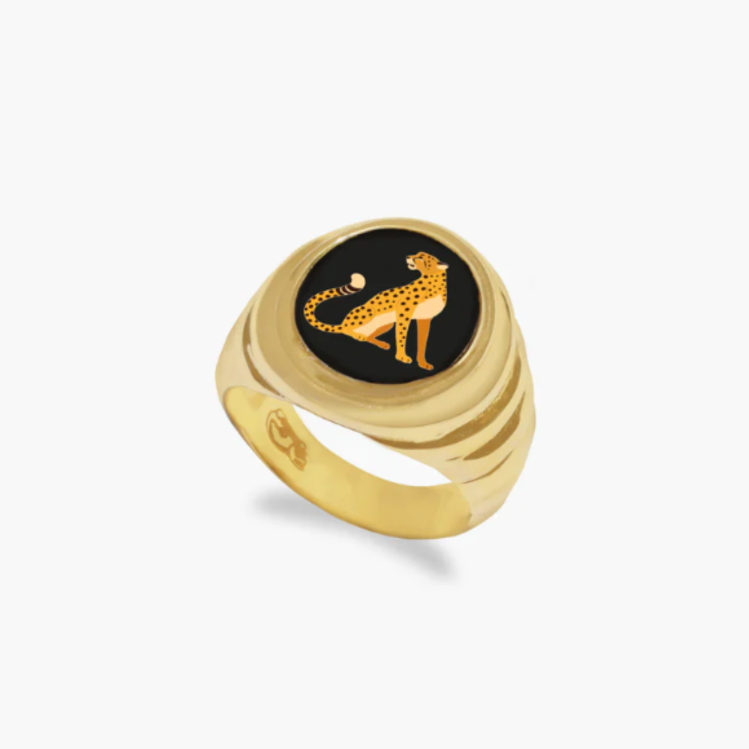 ethical jewellery: gold signet ring with black enamel cheetah design